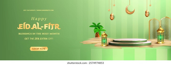 3D illustration of 3d teal Muslim Islamic festival theme product display background with crescent moon, podium, cloud, lantern and Islamic decorations.