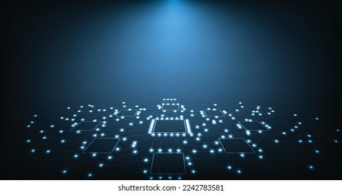 3d fondo de tecnología de ilustración. Dibujar un circuito electrónico moderno sobre fondo azul oscuro. Concepto de tecnología digital de alta tecnología.