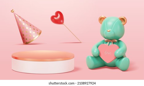 3d ilustración de osito de peluche, varita mágica de forma cardíaca, sombrero de fiesta y podio redondo. Aislado en un fondo rosado. Adecuado para el Día de San Valentín, el Día de la Madre o el cumpleaños