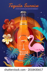 3d illustration of tequila sunrise promo ad. Tequila bottle on orange podium with tropical plants, flower and flamingo design elements around.