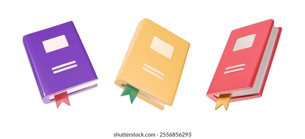 3D illustration of three books in purple, yellow, and red, each with bookmarks, perfect for educational or literary themes.