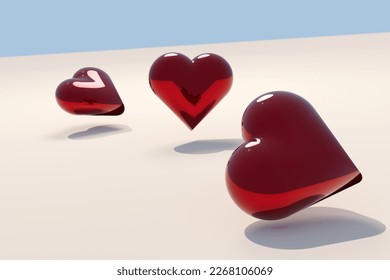 3D illustration of three bouncing hearts