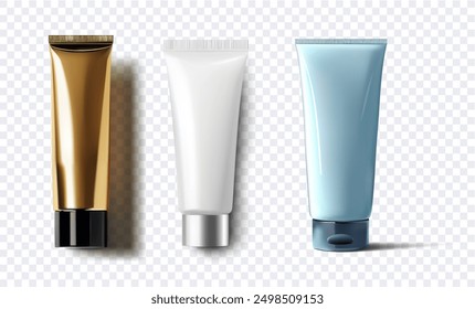 3D illustration of three cosmetic tubes in different colors and designs on a transparent background, perfect for beauty and skincare product presentations beauty cleanser packaging design. Vector