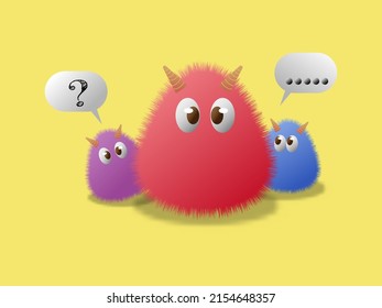 3d illustration of three fluffy cute colorful monster staring with question mark in yellow background