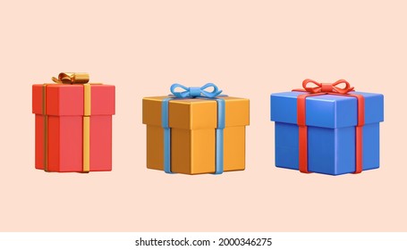 3d illustration of three gift boxes wrapped with ribbon bow. Holiday element isolated on light orange background.