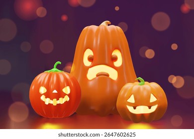 3D illustration of three glowing Halloween pumpkins with carved faces, placed against a dark purple background with bokeh lights. Perfect for Halloween cards, posters, social media, and festive ads.