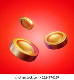 3D Illustration of three gold coins levitating in the air on red background