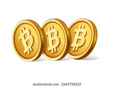 Ilustração em 3D de três moedas de Bitcoin douradas exibindo de forma proeminente o símbolo Bitcoin, representando a moeda digital e oportunidades de investimento.