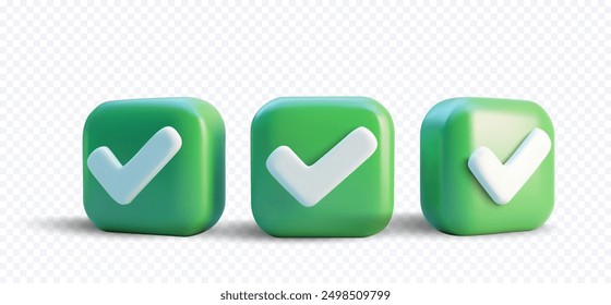 3D illustration of three green checkmark icons on a transparent background, perfect for user interface design, approval symbols, and confirmation graphics. 3d yes sign. Green official tick button.