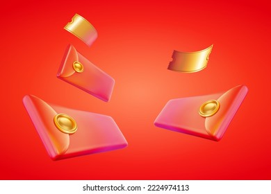 3D Illustration of three sealed red envelope and two golden coupons flying in the air