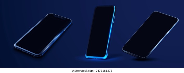 3D illustration of three sleek modern smartphones with dark screens and blue glowing edges, displayed at different angles on a dark background. Perfect for showcasing mobile technology and app design.