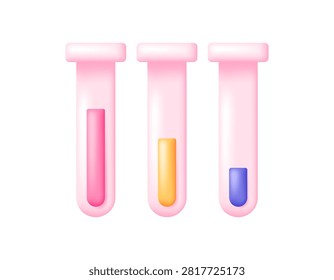 3D illustration of three test tubes filled with liquids of different colors. Laboratory, potion, and experiment. World Science Day design element. Symbol or icon. 3D vector.