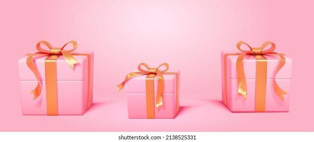 3D Illustration of three wrapped pink presents with yellow ribbons tied upon the lids isolated on pink background