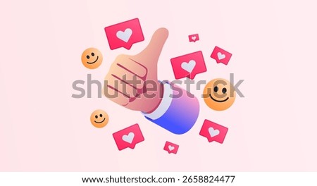 3D illustration of a thumbs-up gesture surrounded by love reaction icons and smiling emojis. Positive feedback, social media engagement, and appreciation concept on pink background. vector like emoji