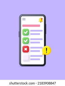 3D illustration to-do list. Smart phone with сhecklist app. Successful completion of business tasks. Month planning, to do list, time management. Plan fulfilled, task completed. Vector Illustration