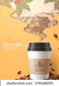 3d illustration to-go coffee ads, engraving style roasted beans and coffee fruit ingredients in the smoke shape background