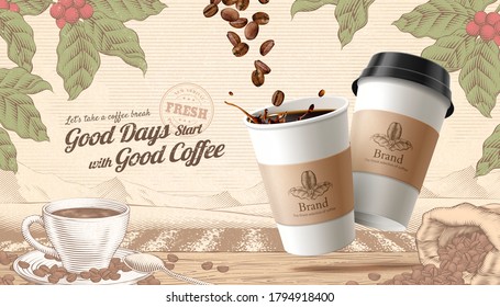 3d illustration to-go coffee ads, engraving style rustic scene background with roasted beans and cup on wooden table