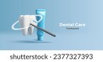 3D illustration of a tooth with blue tooth paste tube and black brush, dental care composition