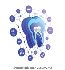 3D illustration tooth icon with dental icons on white background