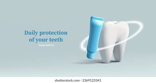 3D illustration of a tooth with tooth paste and protective shiny circle, dental care poster