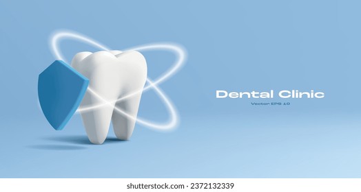 Ilustración 3D de un diente con icono de escudo y círculos protectores brillantes, plantilla de banner de cuidado dental