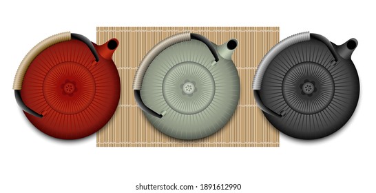 3D illustration of a top view Japanese teapot in 3 different colors, red, green, black.