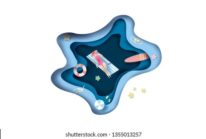 3D illustration of top view women in  summer beach with abstract curve wave layer blue background.Paper craft summertime top view concept.Creative paper cut design summer season for background.vector