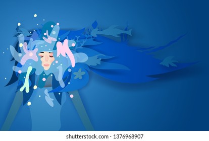 3d illustration of Top view Young Women beautiful relaxing float swimming the under water surface.Beautiful girl long hair wear summer trip with Deep blue marine life.Paper cut,craft,cut.vector art.