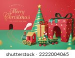3D Illustration of a toy train going through the tunnel from dotted red gift box. Green Christmas party hats decorated as mountains on red backbround