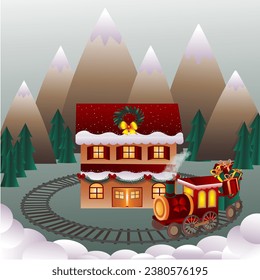 3D illustration of a toy train running along railroad tracks with a train station. Against the backdrop of mountains and fir trees. Train with gifts. Vector graphics.