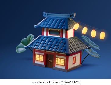 3d illustration of traditional Chinese building decorated with lanterns and lotus leaves. Ancient night architecture element isolated on blue background.