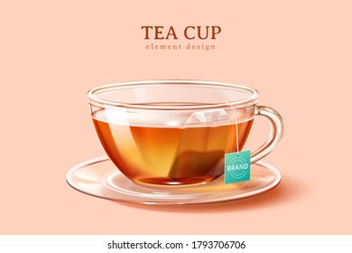Ilustración taza de té transparente de vidrio aislada sobre fondo color melocotón rosa