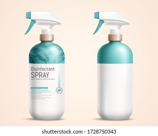 3d illustration of trigger spray bottle mock-ups, one with label design and one without, isolated on light yellow background
