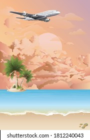 3D illustration tropical island beach scene with passenger aircraft flying over set against a dawn or dusk pink sky