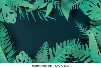 3D illustration of Tropical palm leaves and nature plants.Design Paper cut and craft Origami Hawaiian style summertime space for text. Graphic dark green summer season floral background.vector. EPS10