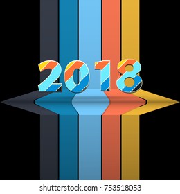3D Illustration of Twenty Eighteenth 2018 New Years in Striped Numbers Over Black Background with Stripes and Shelf