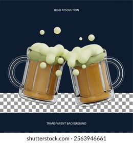 3D illustration of two beer mugs clinking together isolated on transparent background