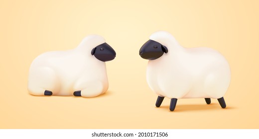 3d illustration of two blackface sheep on yellow background. One is in a sitting position and the other is standing