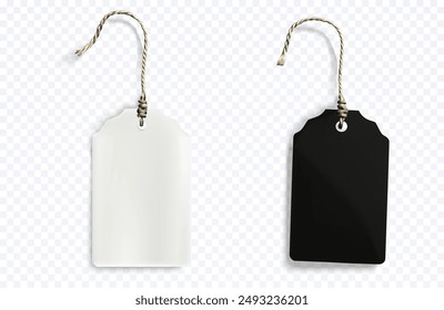 3D illustration of two blank tags, one black and one white, with twisted twine strings. These tags are ideal for use in various labeling, gift wrapping, and branding projects. Vector  - Powered by Shutterstock - Get 15% off with code: PIKWIZARD15