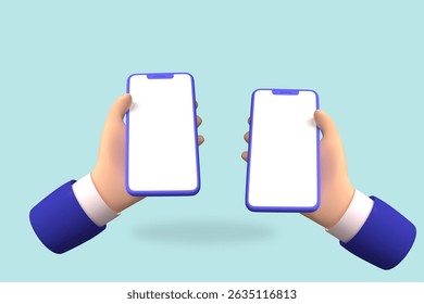 3D illustration of two cartoon hands holding smartphones with blank screens, perfect for mobile app or fintech concepts.