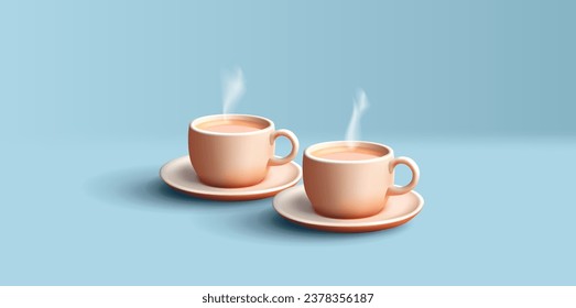 3d illustration of two coffee or tea cup with saucer, hot autumn beverage with steam, isolated couple on blue