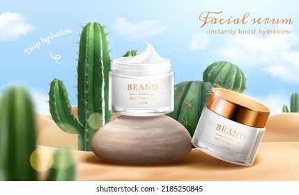 3D Illustration of two cosmetic cream jars, one on rock podium, and the other on sand with golden lid on in cacti desert background