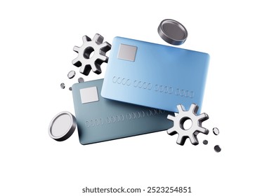 3D Illustration Two Credit Cards Floating in Mid-Air with Gears and Coins Floating Beside Business Concept Cashless Finance