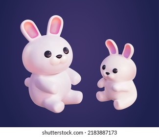 3D Illustration of two cute bunnies. Lovely rabbit character designs for Mid Autumn Festival, Year of the rabbit 2023, and Easter