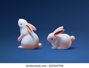 3d illustration of two cute white ceramic rabbit decorations. Animal characters isolated on blue background.