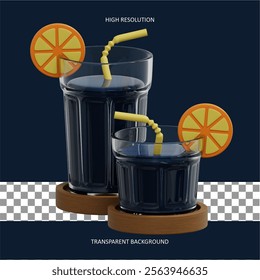 3d illustration two glasses of blue cocktails with a yellow straw and an orange slice garnish. Isolated on transparent background