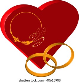 3D Illustration of two gold wedding wedding rings on a background of a red heart, vector