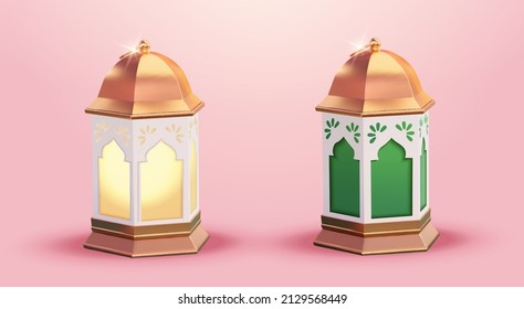 Ilustración 3D de dos fanáticos metálicos. Uno de los farolillos está iluminado y el otro no está iluminado. Elementos adecuados para Ramadán o festividades islámicas