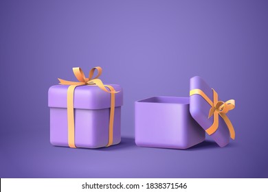 3d illustration of two purple gift boxes with bows and ribbons, isolated on purple background