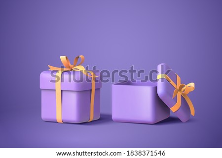 3d illustration of two purple gift boxes with bows and ribbons, isolated on purple background